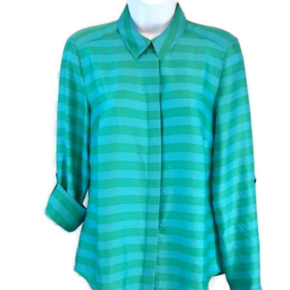 Ann Taylor Green Blue Striped Button Front Long Roll Tab Sleeve Blouse Preppy - Picture 8 of 16